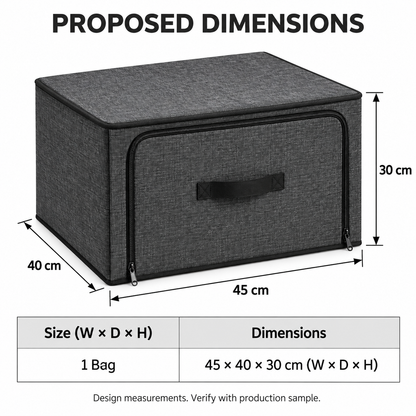 Charcoal Front-Opening Wardrobe Storage Bag with proposed dimensions