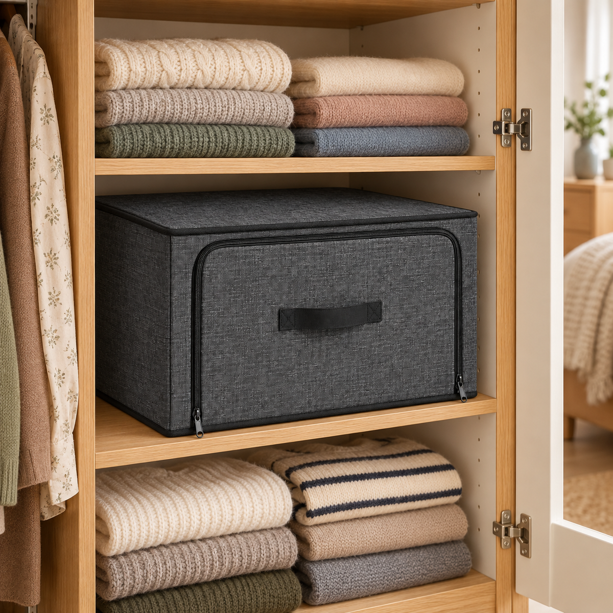 Charcoal Front-Opening Wardrobe Storage Bag in a wardrobe setting