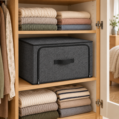 Charcoal Front-Opening Wardrobe Storage Bag in a wardrobe setting