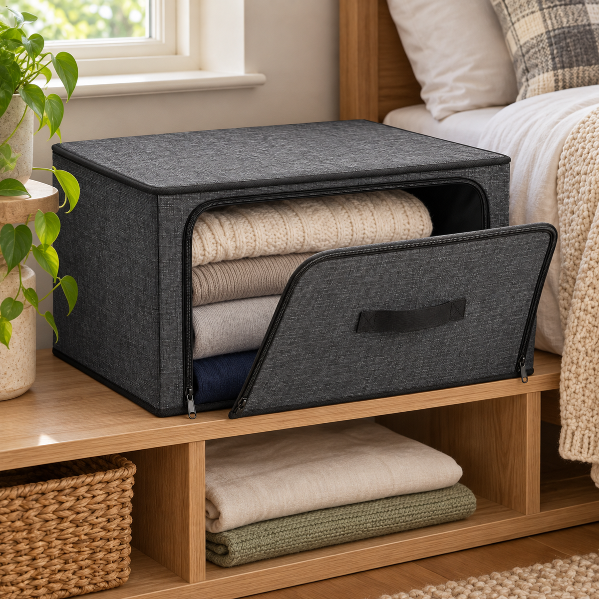 Charcoal Front-Opening Wardrobe Storage Bag in a bedroom setting