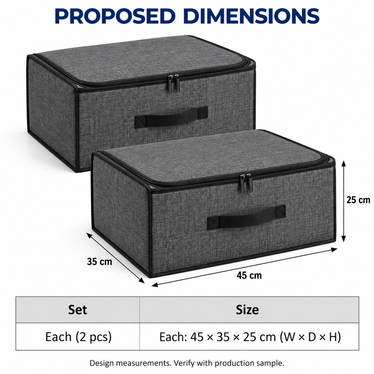 Charcoal Structured Storage Bags, Matching 2-Pack with proposed dimensions