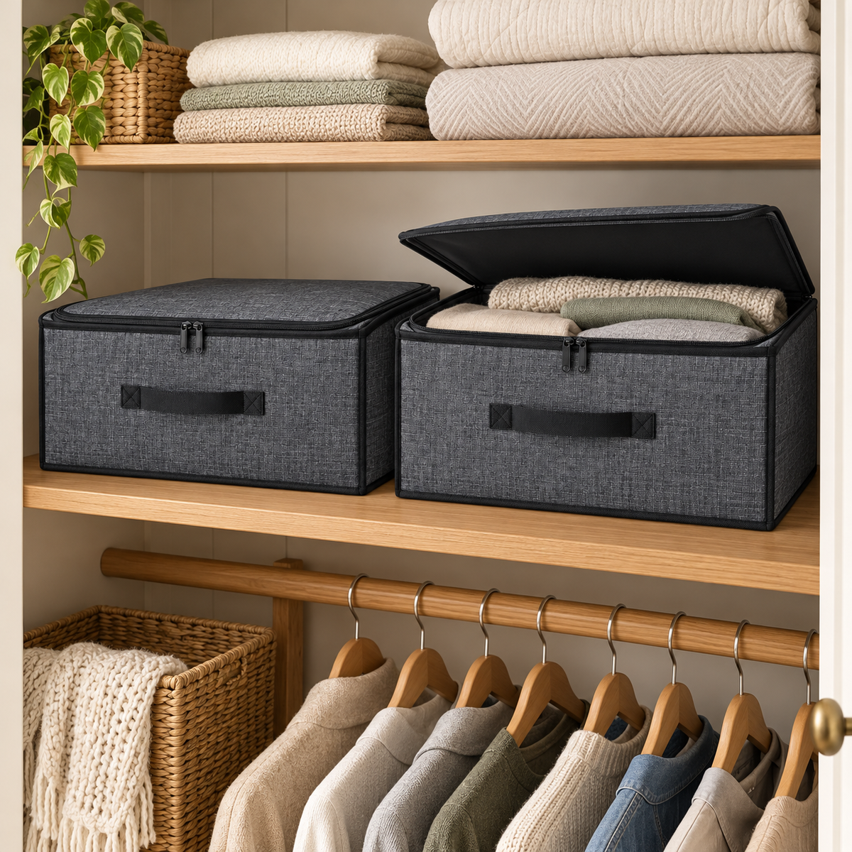 Charcoal Structured Storage Bags, Matching 2-Pack in a wardrobe setting