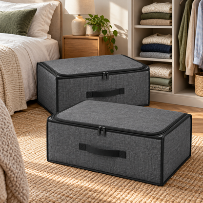 Charcoal Structured Storage Bags, Matching 2-Pack in a bedroom setting