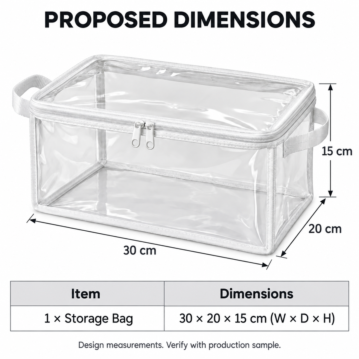 Clear White-Trim Accessory Storage Bag, Small with proposed dimensions