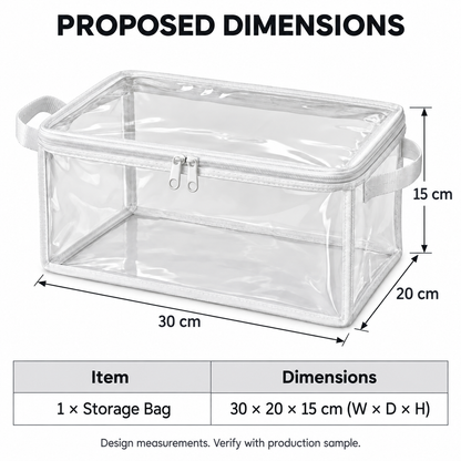 Clear White-Trim Accessory Storage Bag, Small with proposed dimensions
