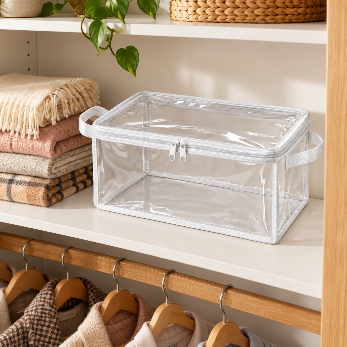 Clear White-Trim Accessory Storage Bag, Small in a wardrobe setting
