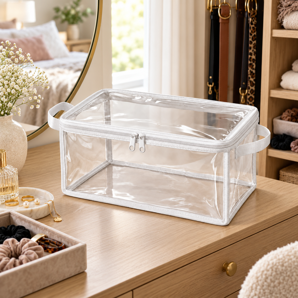 Clear White-Trim Accessory Storage Bag, Small in a bedroom setting