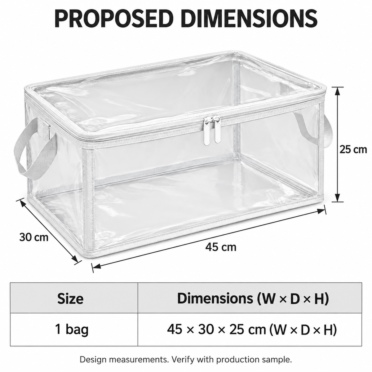 Clear White-Trim Clothes Storage Bag, Medium with proposed dimensions