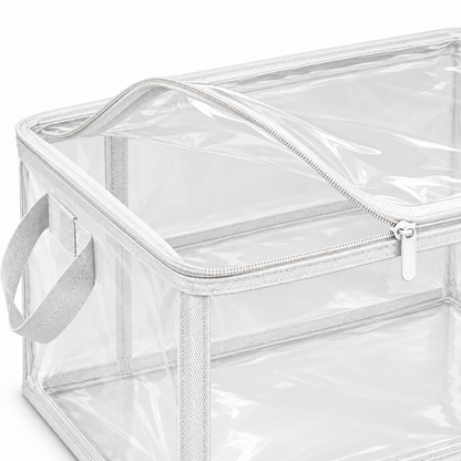 Clear White-Trim Clothes Storage Bag, Medium showing zipped transparent top opening