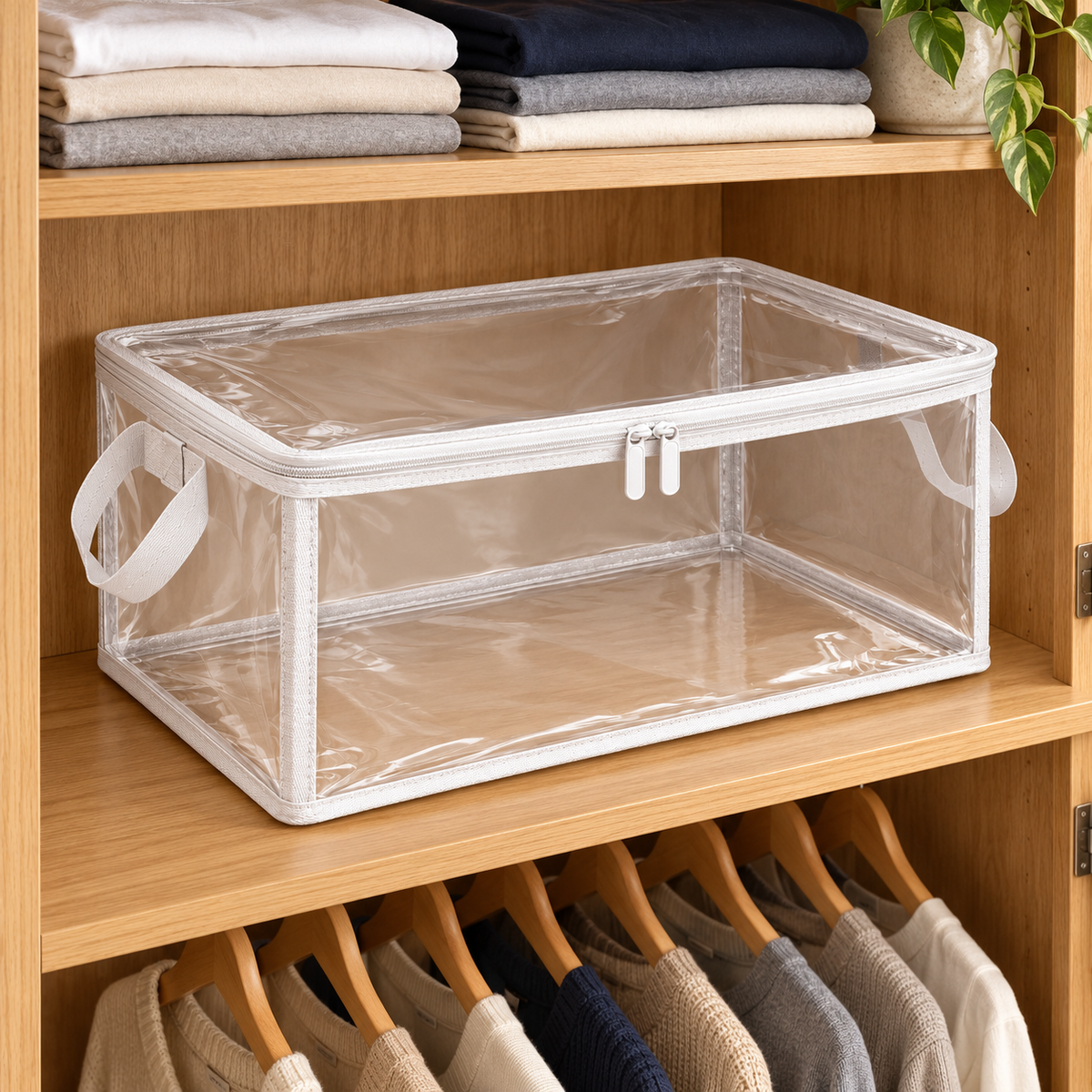 Clear White-Trim Clothes Storage Bag, Medium in a wardrobe setting