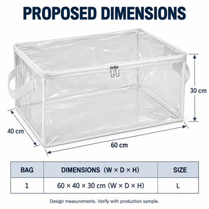 Clear White-Trim Clothes Storage Bag, Large with proposed dimensions
