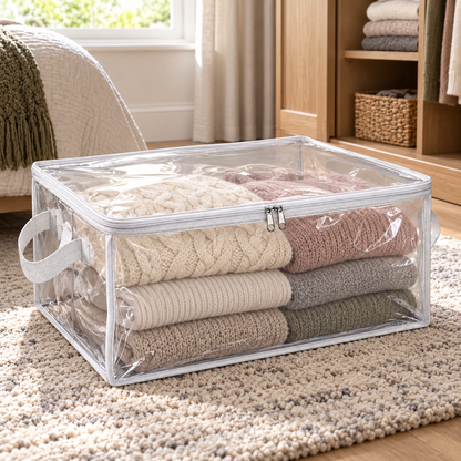 Clear White-Trim Clothes Storage Bag, Large in a bedroom setting