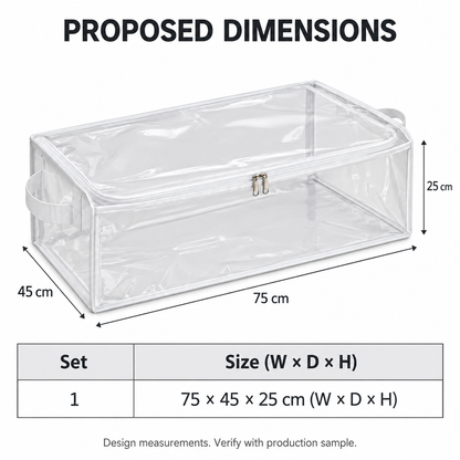 Clear White-Trim Bedding Storage Bag, Long with proposed dimensions