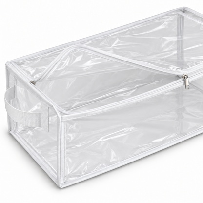 Clear White-Trim Bedding Storage Bag, Long showing long low shape with zipped top access