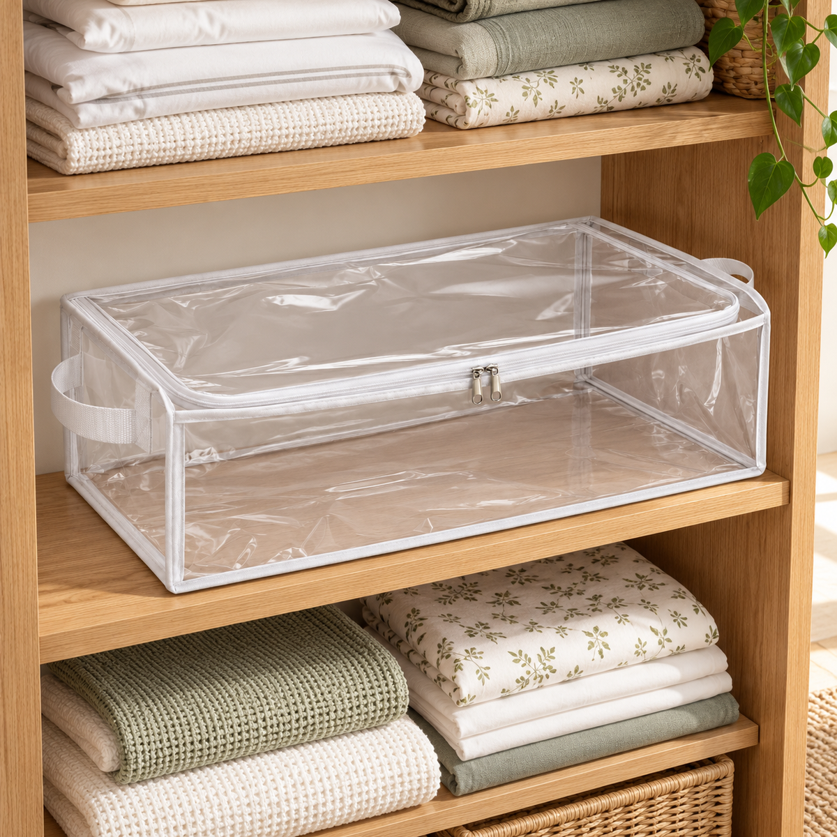 Clear White-Trim Bedding Storage Bag, Long in a wardrobe setting