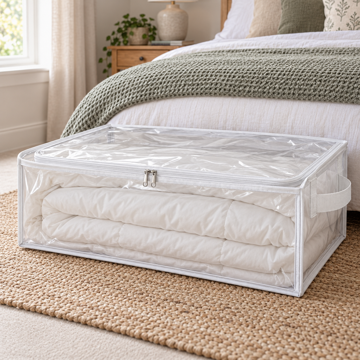 Clear White-Trim Bedding Storage Bag, Long in a bedroom setting