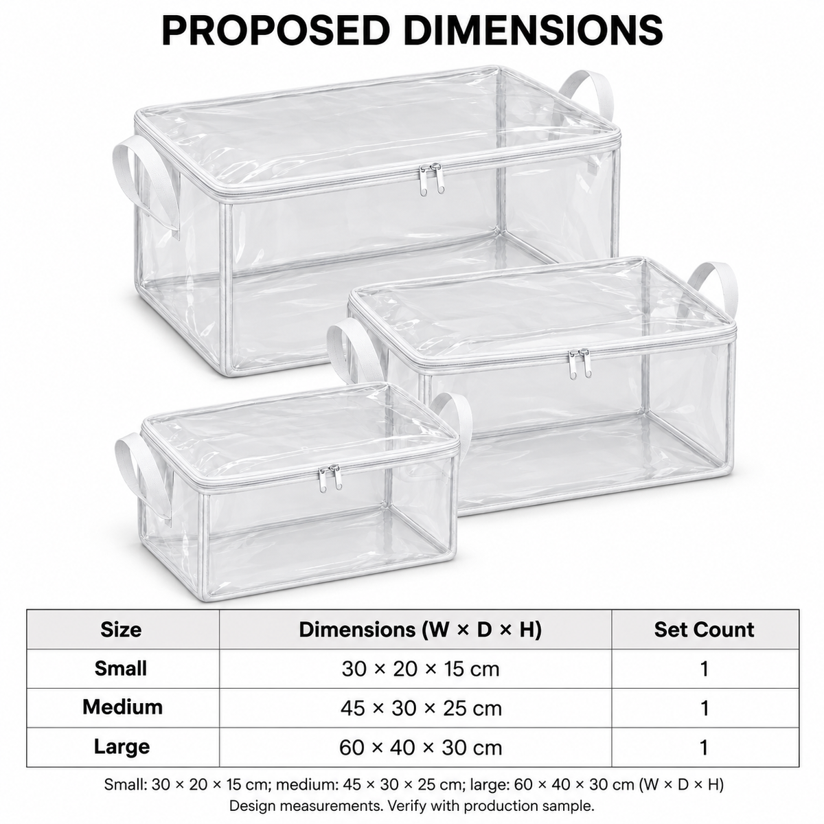 Clear White-Trim Storage Bags, Mixed Size 3-Pack with proposed dimensions