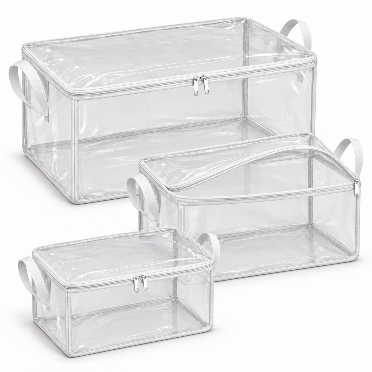 Clear White-Trim Storage Bags, Mixed Size 3-Pack showing three separate bags in three sizes