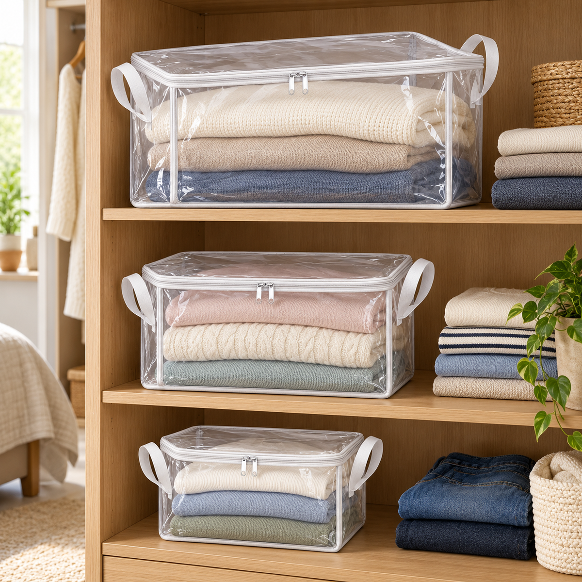 Clear White-Trim Storage Bags, Mixed Size 3-Pack in a wardrobe setting
