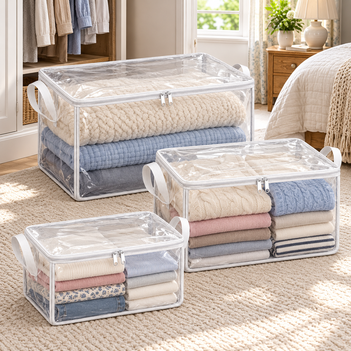 Clear White-Trim Storage Bags, Mixed Size 3-Pack in a bedroom setting