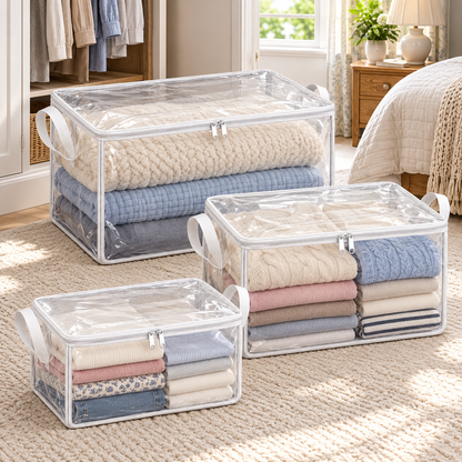 Clear White-Trim Storage Bags, Mixed Size 3-Pack in a bedroom setting