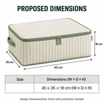 Sage Stripe Wardrobe Storage Bag, Low Profile with proposed dimensions