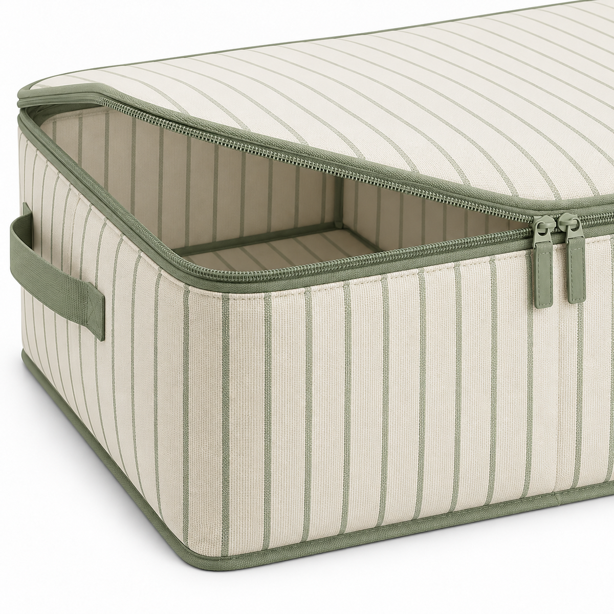 Sage Stripe Wardrobe Storage Bag, Low Profile showing low profile with zipped top lid
