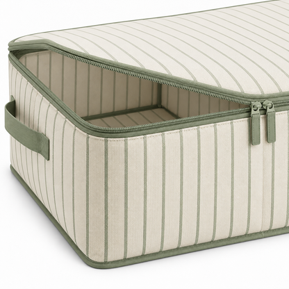 Sage Stripe Wardrobe Storage Bag, Low Profile showing low profile with zipped top lid