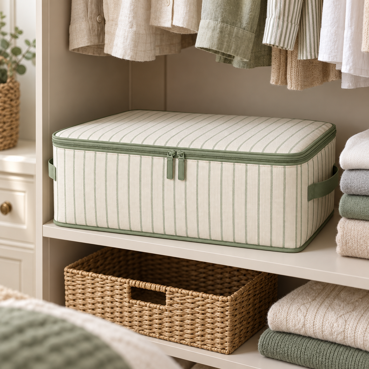 Sage Stripe Wardrobe Storage Bag, Low Profile in a wardrobe setting