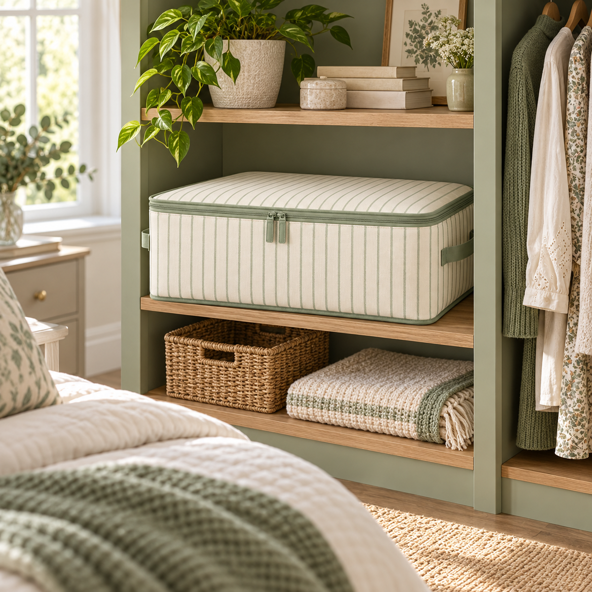 Sage Stripe Wardrobe Storage Bag, Low Profile in a bedroom setting