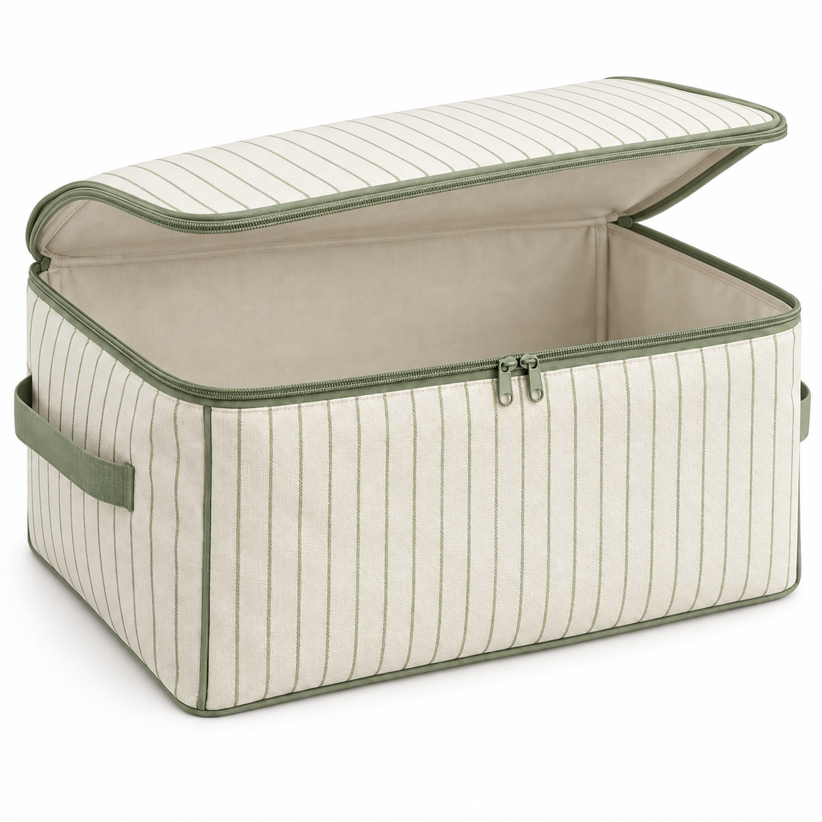 Sage Stripe Clothes Storage Bag, Standard showing twin-slider top zip and side handles