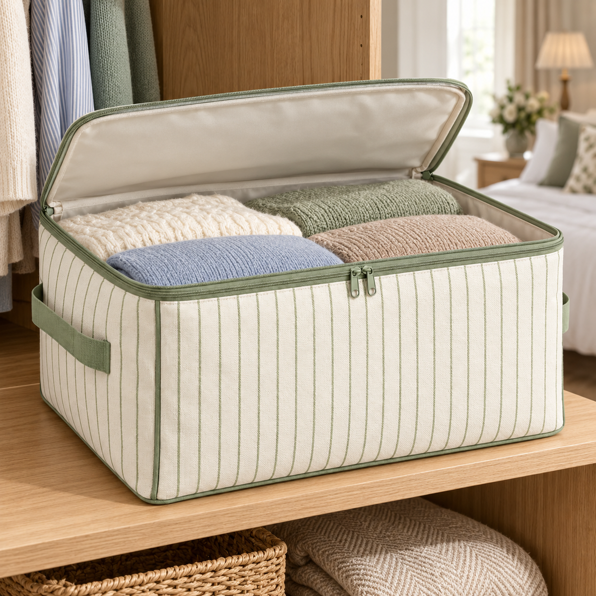 Sage Stripe Clothes Storage Bag, Standard in a wardrobe setting
