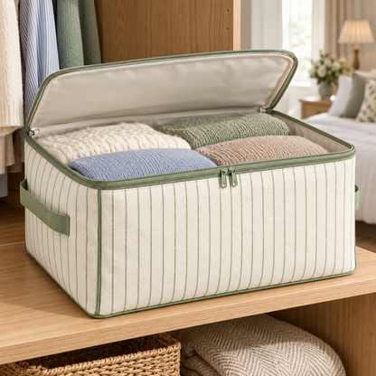 Sage Stripe Clothes Storage Bag, Standard in a wardrobe setting