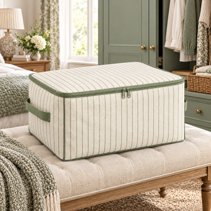 Sage Stripe Clothes Storage Bag, Standard in a bedroom setting