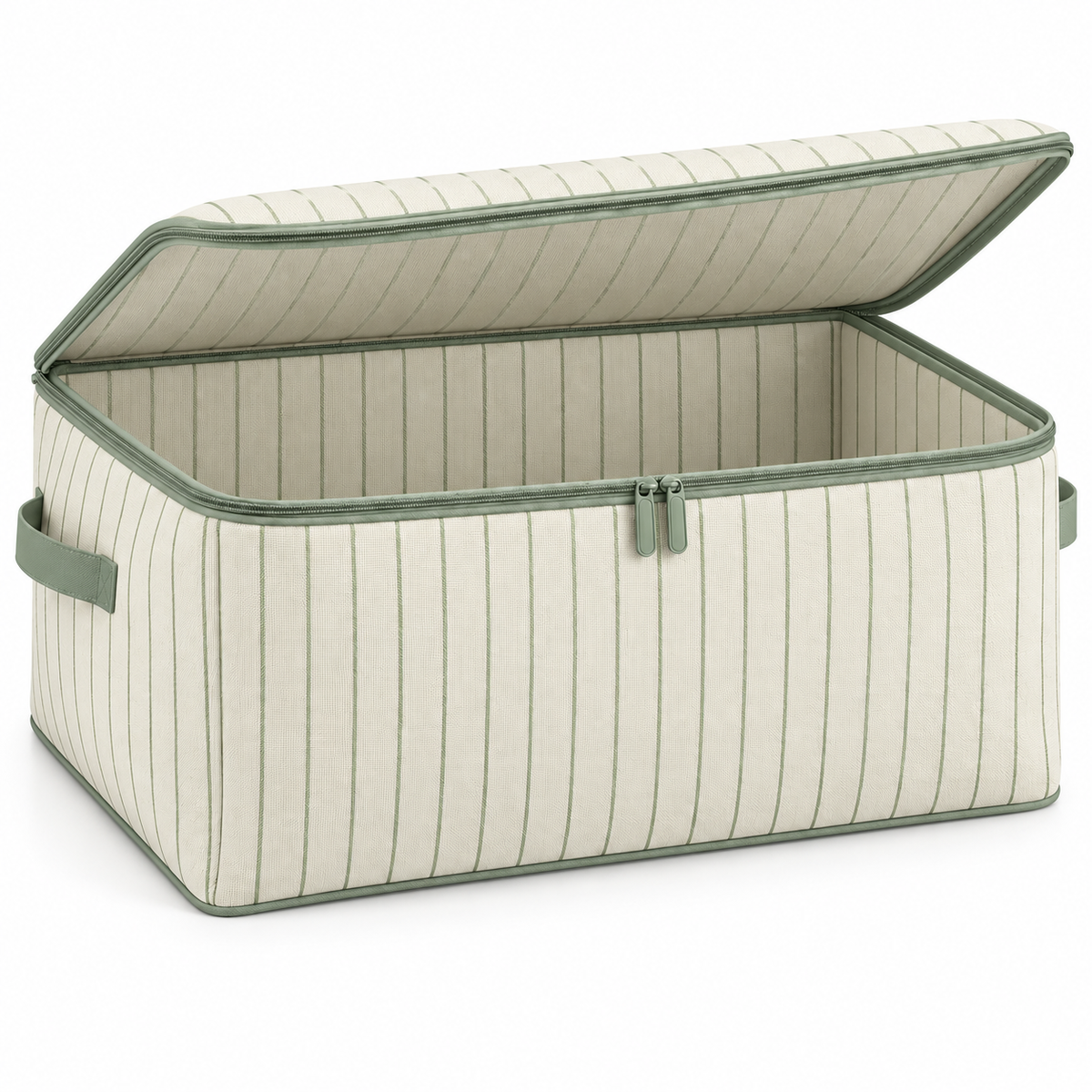 Sage Stripe Seasonal Clothes Storage Bag, Wide showing wide zipped opening for folded seasonal clothes