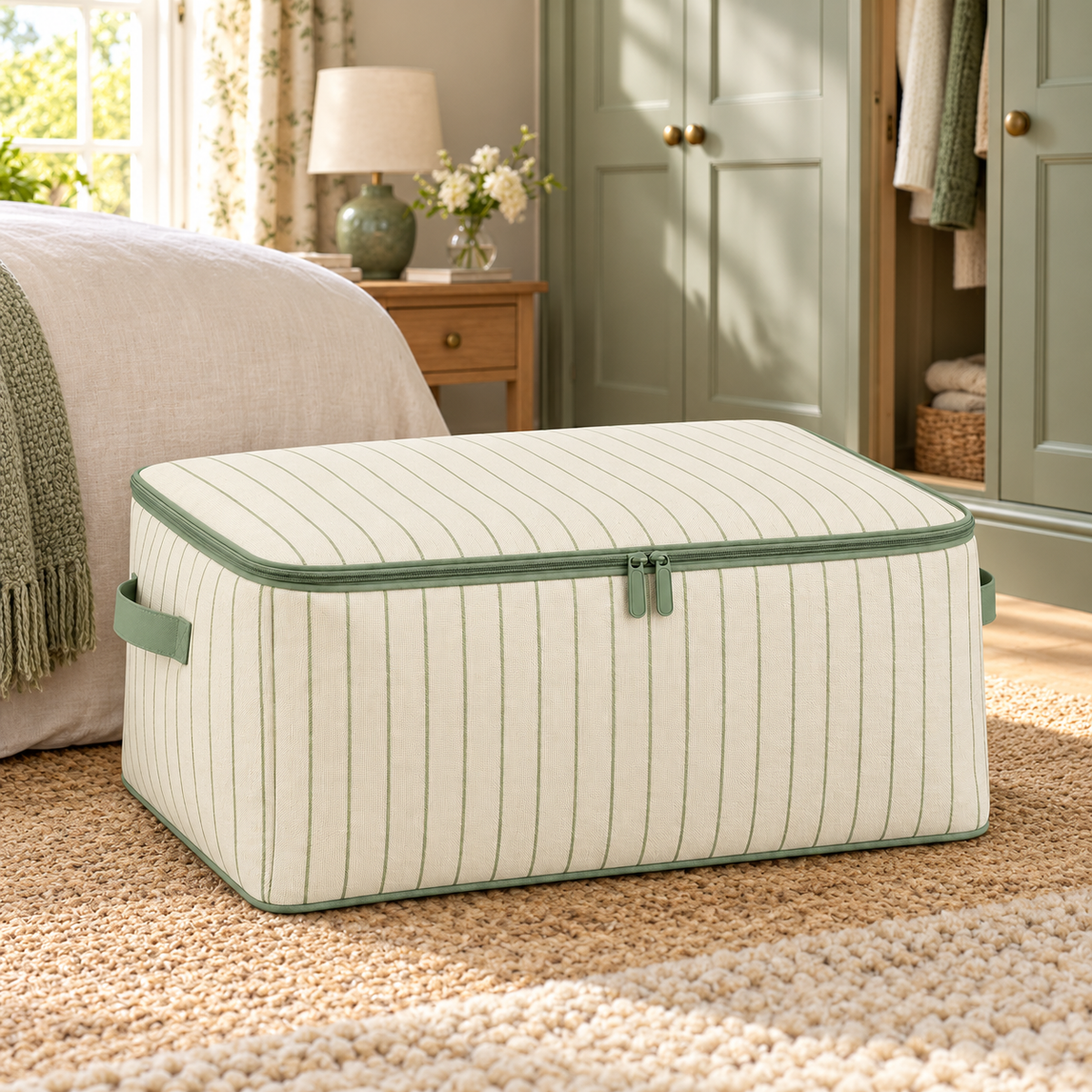 Sage Stripe Seasonal Clothes Storage Bag, Wide in a bedroom setting