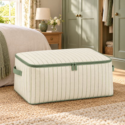 Sage Stripe Seasonal Clothes Storage Bag, Wide in a bedroom setting