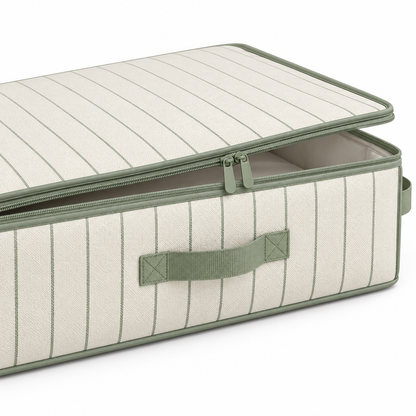 Sage Stripe Underbed Clothes Storage Bag showing front pull handle for underbed placement