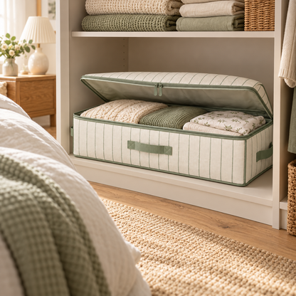 Sage Stripe Underbed Clothes Storage Bag in a bedroom setting