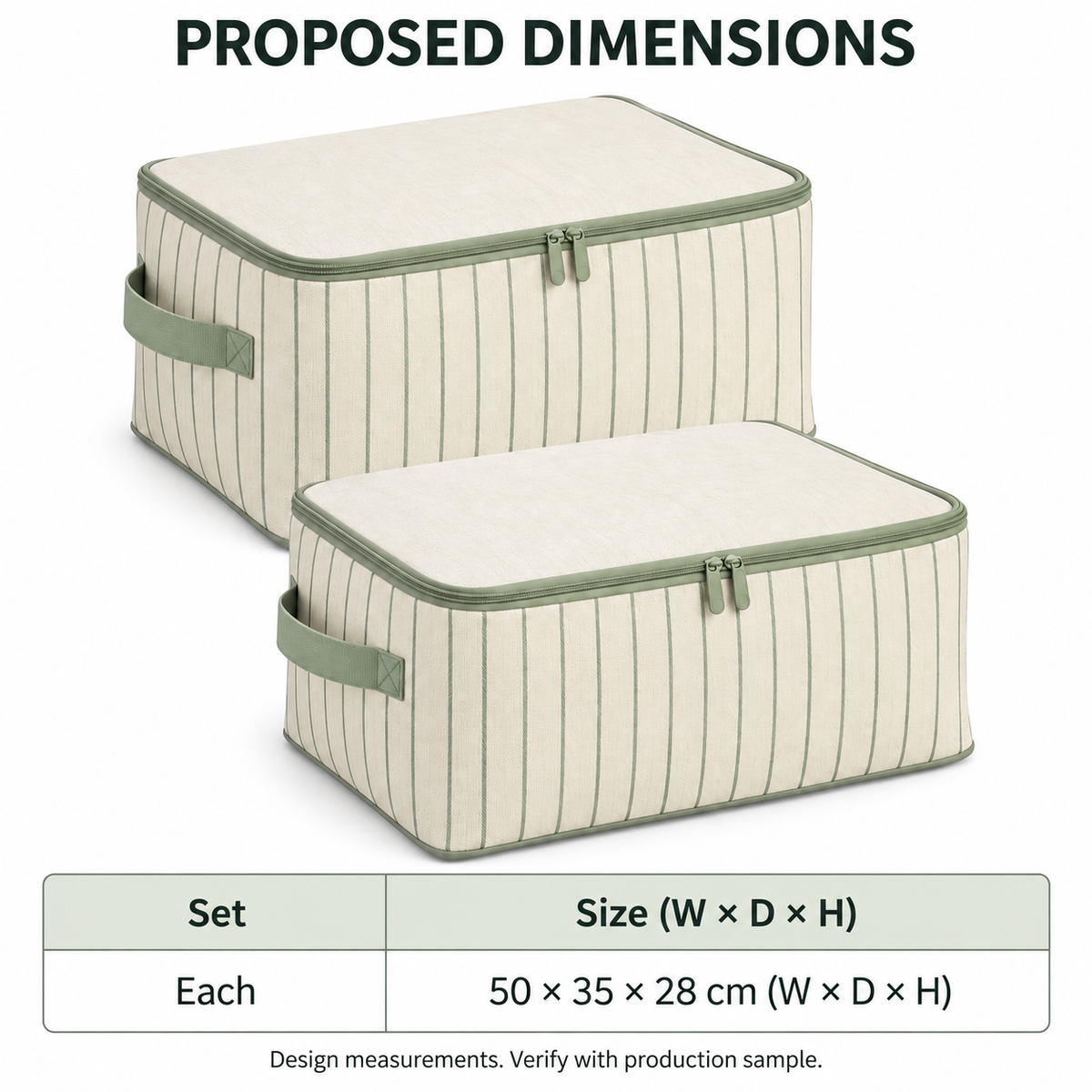 Sage Stripe Clothes Storage Bags, Matching 2-Pack with proposed dimensions
