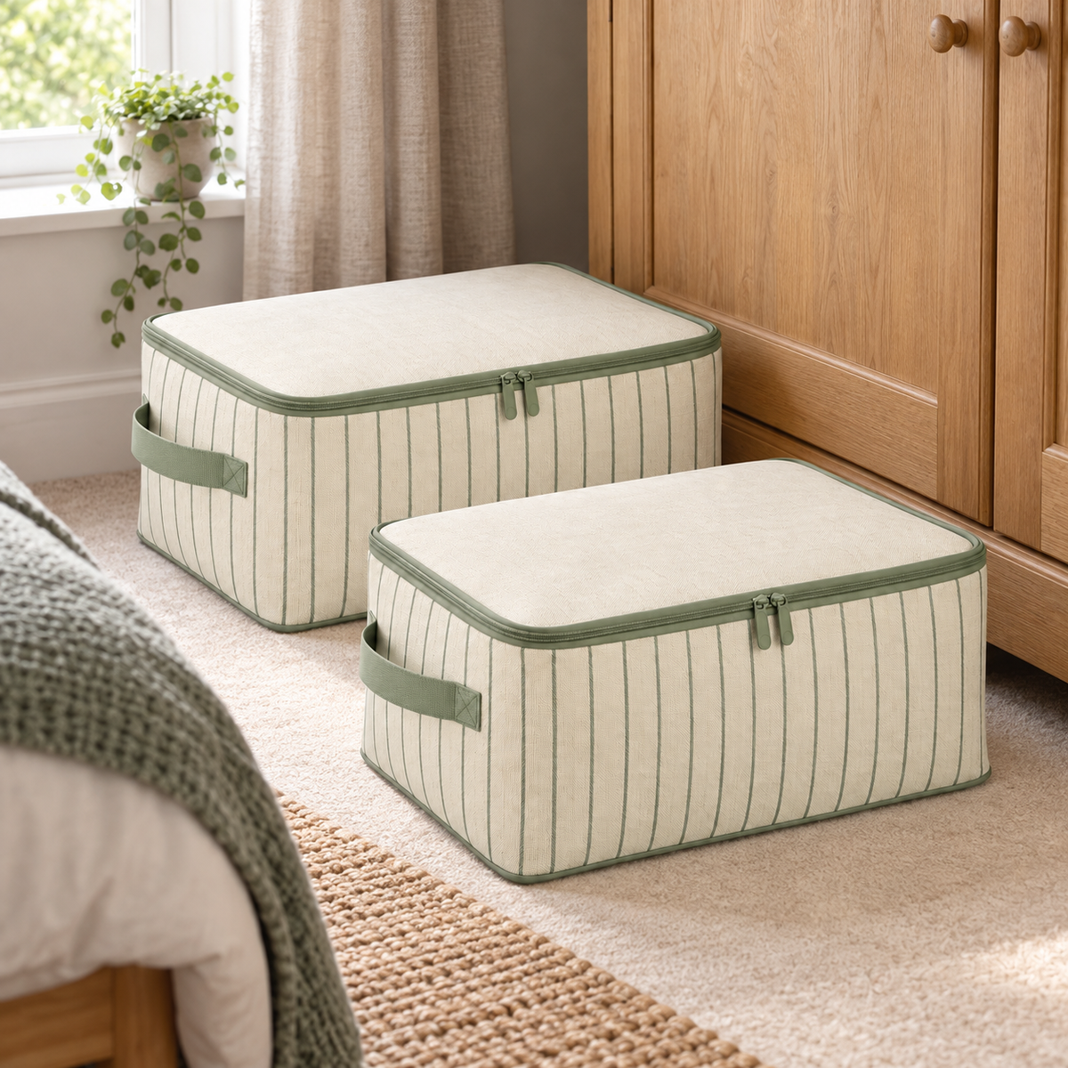 Sage Stripe Clothes Storage Bags, Matching 2-Pack in a bedroom setting