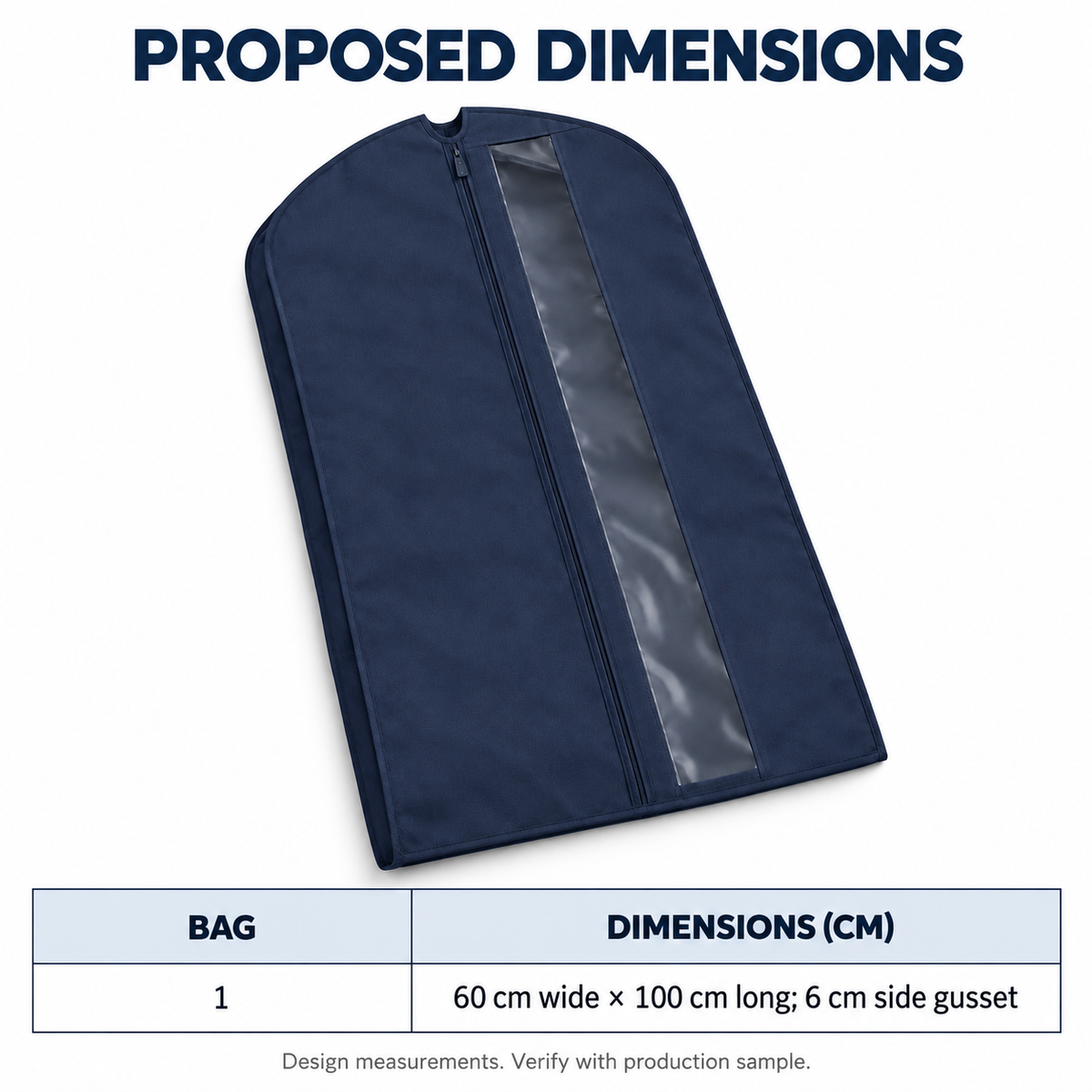 Navy Windowed Garment Cover, Short with proposed dimensions