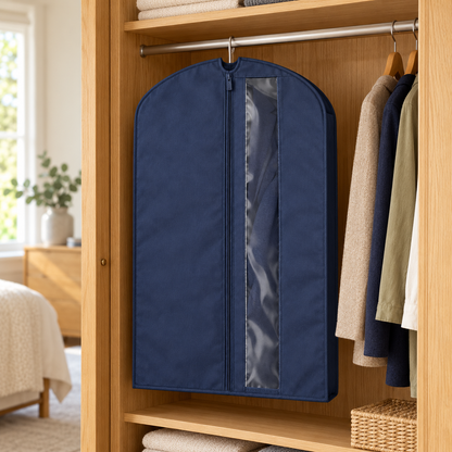 Navy Windowed Garment Cover, Short in a wardrobe setting