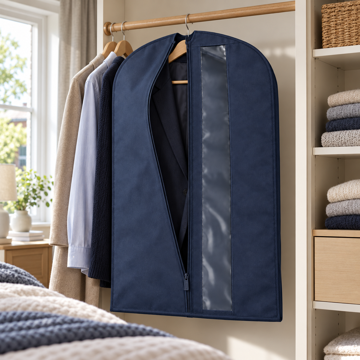 Navy Windowed Garment Cover, Short in a bedroom setting