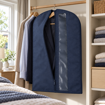 Navy Windowed Garment Cover, Short in a bedroom setting