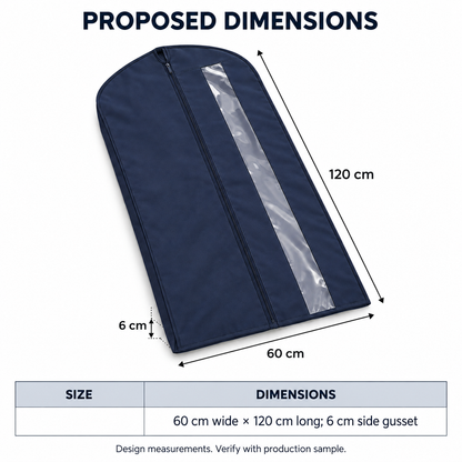 Navy Windowed Garment Cover, Mid Length with proposed dimensions