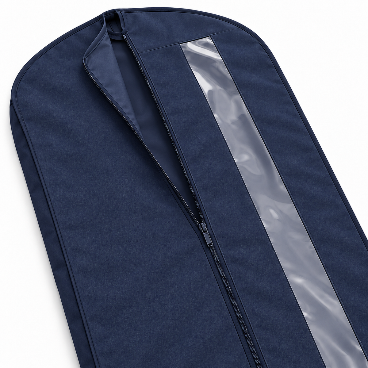 Navy Windowed Garment Cover, Mid Length showing mid-length zipped cover with viewing window