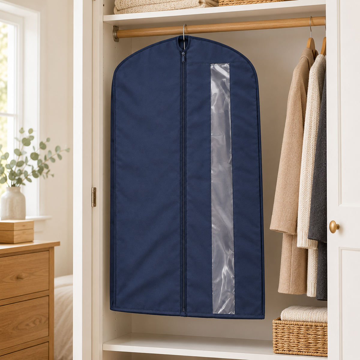 Navy Windowed Garment Cover, Mid Length in a wardrobe setting