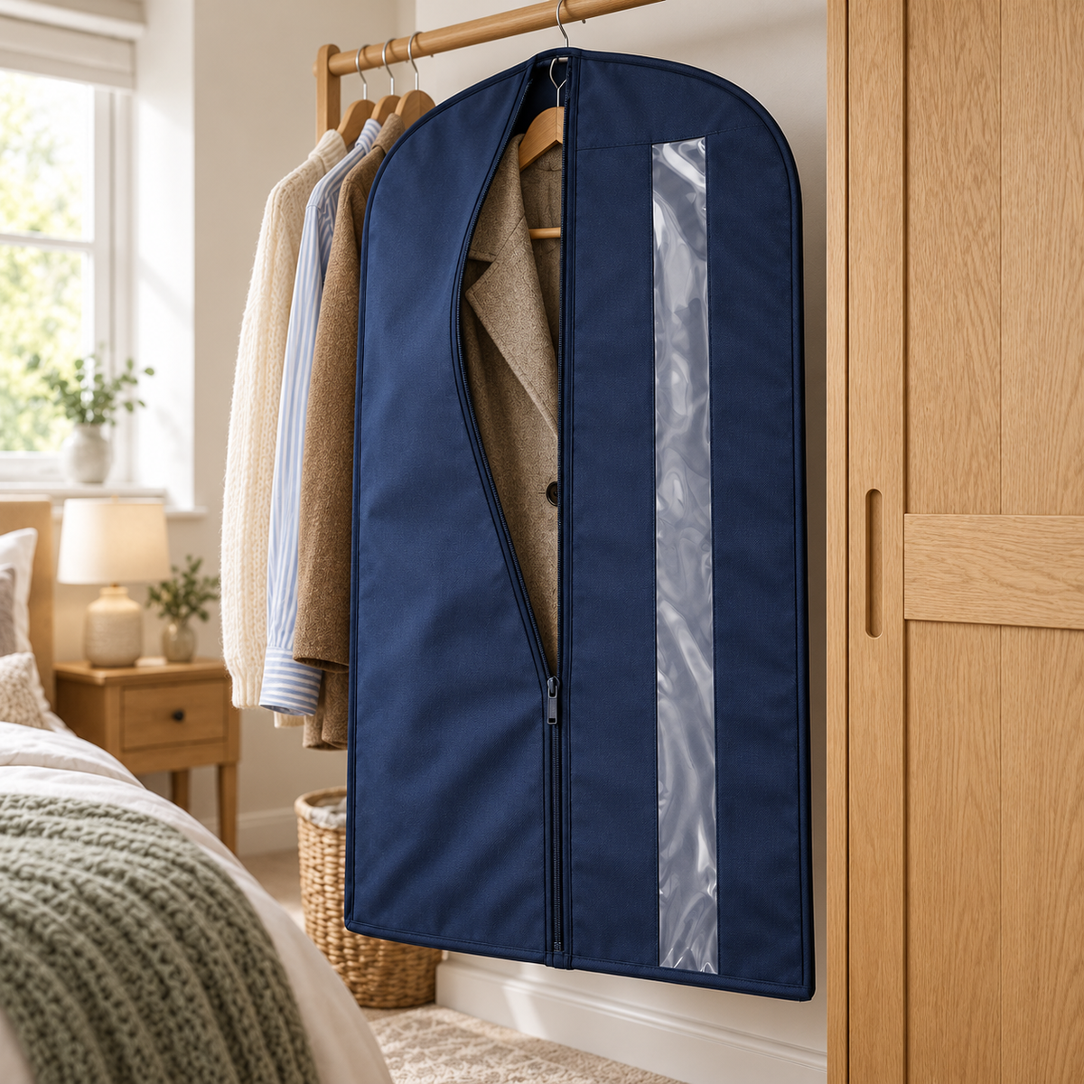 Navy Windowed Garment Cover, Mid Length in a bedroom setting