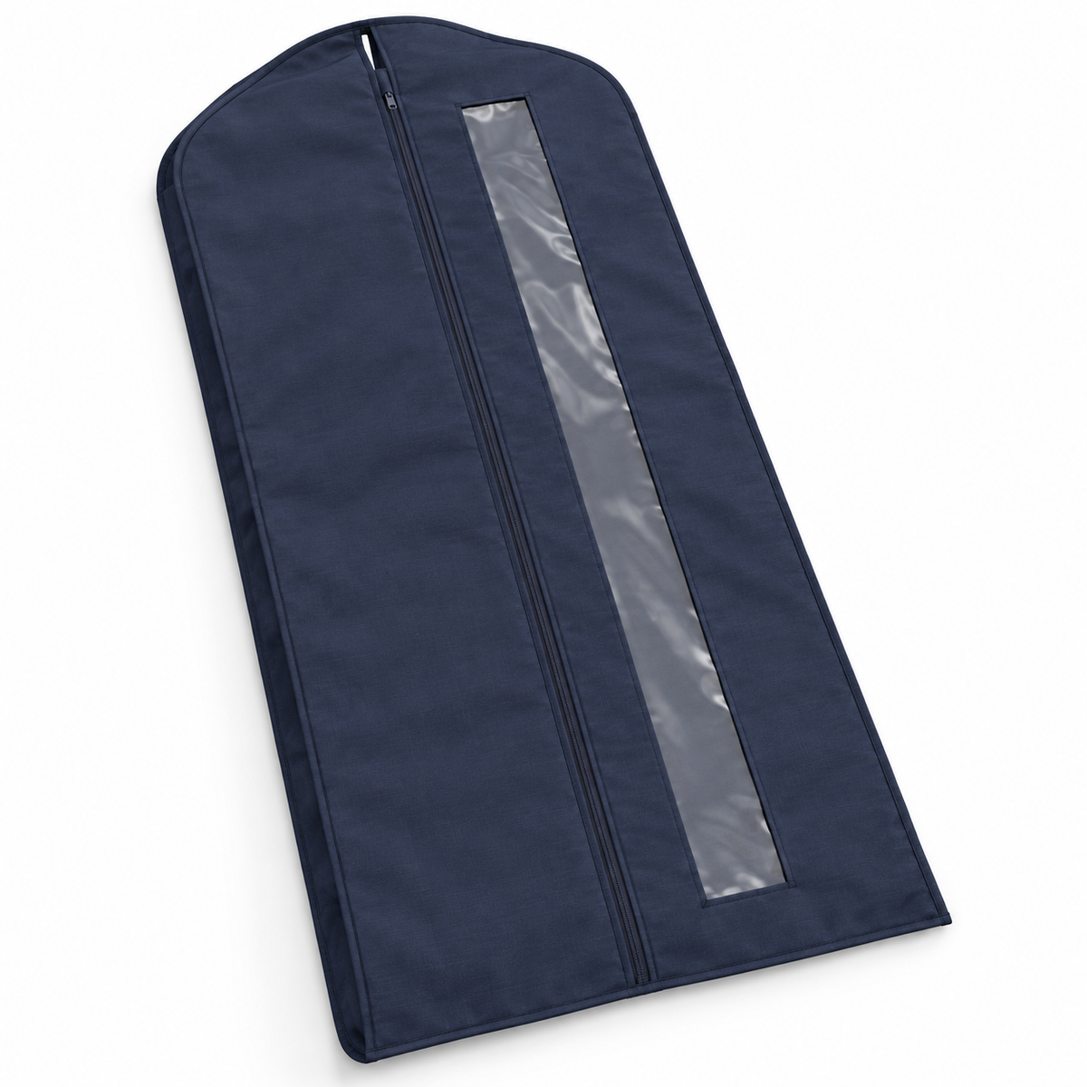 Navy Windowed Garment Cover, Long on a white background